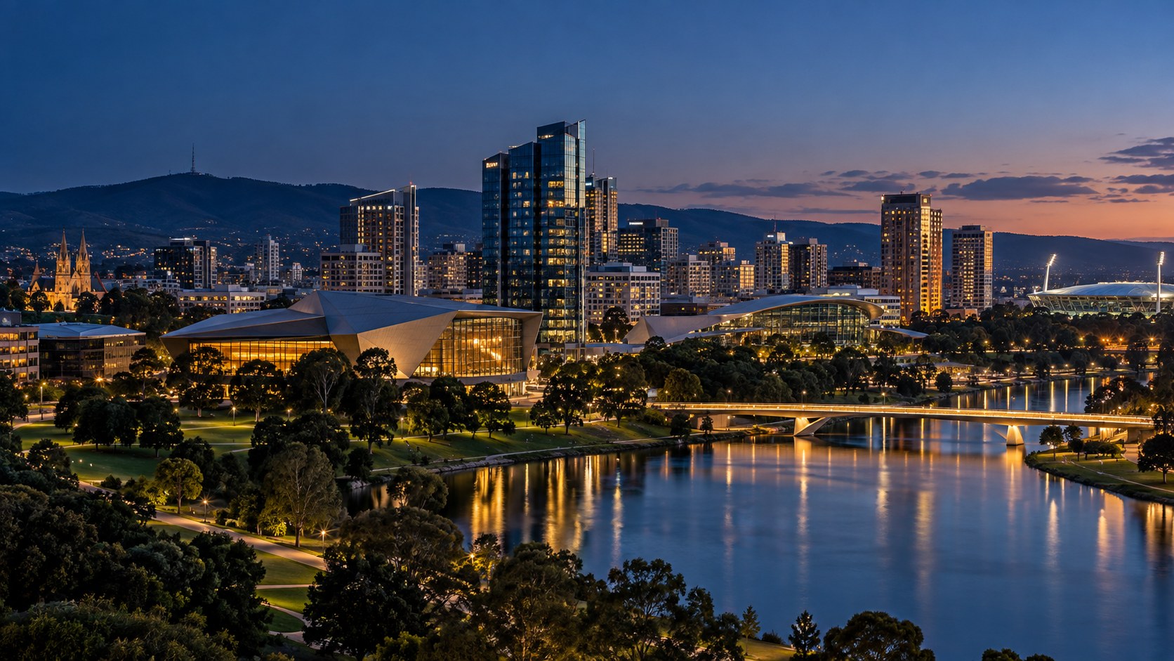 Adelaide skyline at distance, standing for work that carries across locations