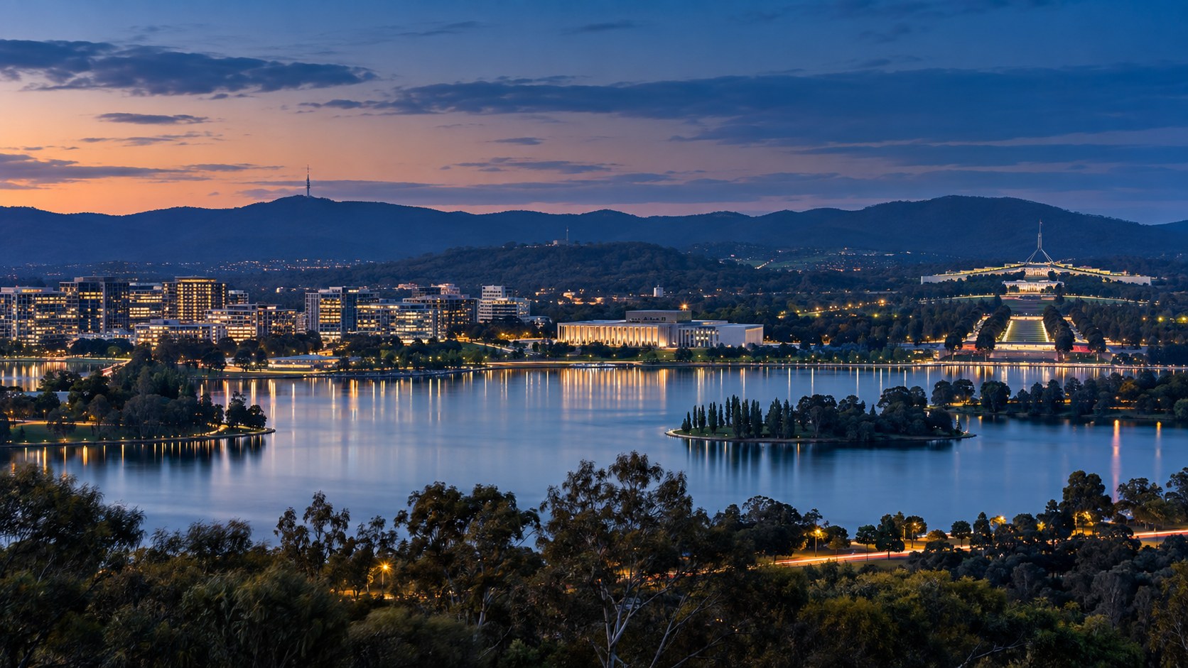 Canberra skyline at distance, standing for work that carries across locations